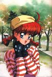  :d ahoge black_gloves blue_eyes braid copyright_request day diamond eyelashes gem gloves hat highres long_sleeves mon_mon oldschool open_mouth outdoors park red_hair smile solo striped striped_sweater sweater tree twin_braids upper_body 
