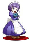  apron artist_request bag boots capsule collar dress eating full_body futaba_channel heart holding long_sleeves looking_at_viewer maid maid_apron maid_headdress necktie nijiura_maids purple_dress purple_eyes purple_hair simple_background solo white_background yakui 