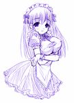  arin breast_hold breasts koari large_breasts light_smile long_hair maid maid_headdress monochrome pangya simple_background solo white_background 