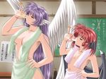  angel_and_devil angel_wings bath chalkboard closed_eyes demon_wings drinking flat_chest hand_on_hip head_wings kity_saifuon long_hair lucy_fouque men_at_work!_2 milk multiple_girls naked_towel nude pinky_out purple_hair red_hair short_hair towel towel_around_neck wings yamamoto_kazue yogurt 
