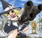  1girl blonde_hair braid crossover enhan foreshortening gatling_gun gun hat huge_weapon kirisame_marisa lowres metal_slug old_man open_mouth parody prisoner_of_war_(metal_slug) shoes side_braid skirt snk touhou weapon witch witch_hat yellow_eyes 