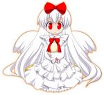  albino angel angel_wings bow dress hair_ribbon hug kneeling long_hair original osaragi_mitama red_eyes ribbon smile solo white_hair wings 