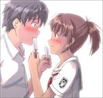  1girl black_hair blush brown_eyes brown_hair collared_shirt emblem food holding ice_cream kibina_high_school_uniform kimi_kiss looking_at_another necktie nyazui ponytail popsicle red_neckwear sakino_asuka school_uniform shirt short_sleeves simple_background smile sweatdrop white_background white_shirt 