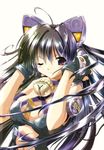  ahoge animal_ears antenna_hair bell bell_collar between_breasts breasts cat_ear_headphones cat_ears cleavage collar copyright_request fingerless_gloves gloves gradient_hair hand_on_ear headphones jingle_bell komatsu_eiji large_breasts long_hair mecha minidisc multicolored_hair one_eye_closed purple_eyes simple_background solo 