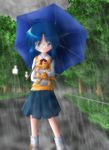  artist_request blue_eyes blue_hair blue_skirt blush bush cat ciel cloud cloudy_sky dirty_clothes glasses holding holding_cat lamppost light long_sleeves looking_at_viewer parted_lips plant railing rain school_uniform shirt skirt sky solo standing sweater_vest teeth tree tsukihime umbrella water white_shirt 