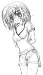  casual covered_nipples greyscale masutaauu medium_hair monochrome shorts solo suzumiya_haruhi suzumiya_haruhi_no_yuuutsu 