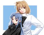  ahoge arcueid_brunestud artist_request bangs blonde_hair blue_background border bow fur_trim hair_bow half_updo len long_sleeves looking_at_viewer looking_away multiple_girls parted_bangs pointy_ears pom_pom_(clothes) red_eyes sidelocks simple_background smile sweater tsukihime upper_body white_border 