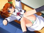  black_legwear blush brown_hair dress game_cg green_panties hair_ribbon legs_up long_sleeves lying on_back panties pantyshot pantyshot_(lying) purple_eyes ribbon short_hair short_twintails socks solo takamachi_nanoha triangle_heart triangle_heart_3 tsuzuki_maki twintails underwear white_dress 