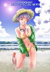  akiba_itsuki artist_request beach bikini breasts cleavage cloud day finger_to_mouth goggles grin hat hits i&quot;s jacket kneeling long_sleeves medium_breasts off_shoulder one_eye_closed open_clothes open_shirt outdoors reflection sandals shirt short_hair side-tie_bikini silver_hair smile solo straw_hat swimsuit underboob water yellow_eyes 