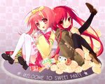  akihime_sumomo alastor_(shakugan_no_shana) bread crossover food itou_noiji jewelry long_sleeves melon_bread multiple_girls nanatsuiro_drops pendant red_hair shakugan_no_shana shana thighhighs 