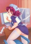  blue_skirt computer copyright_request dress dress_lift duplicate hat kobayashi_yuuji nurse nurse_cap panties pink_panties purple_eyes purple_hair short_dress short_hair skirt solo standing stethoscope straddling syringe thighhighs underwear white_legwear 