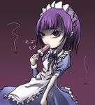  @_@ animal apron artist_request bangs blue_dress bug dress fly futaba_channel insect maid_apron maid_headdress mouth_hold nijiura_maids purple_eyes purple_hair red_background short_hair simple_background solo syringe tsurime yakui 
