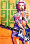  bass_guitar blood bracelet cable cover cover_page doujinshi dress flcl haruhara_haruko hat highres instrument jewelry licking lipstick makeup naughty_face nekoi_mie non-web_source nurse nurse_cap pink_hair short_hair solo tongue yellow_eyes 