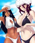  armpits bikini black_bikini black_hair breasts bulge cleavage cloud dark_skin day genderswap genderswap_(mtf) green_eyes hat huge_breasts long_hair multiple_girls outdoors paraietta purple_hair simoun sky swimsuit tankini waporif white_bikini yurikawa 