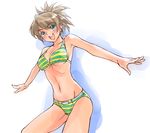  bikini breasts copyright_request medium_breasts minato_fumi outstretched_arms ponytail smile solo spread_arms striped striped_bikini swimsuit underboob 