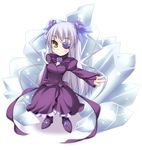  barasuishou brown_eyes chibi crystal dress flower flower_eyepatch hairband lolita_hairband long_sleeves looking_at_viewer outstretched_arm purple_dress rose rozen_maiden shimakaze silver_hair simple_background solo standing white_background 
