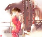  bangs brown_hair closed_eyes cowboy_shot from_side hair_ornament hands_together hatsumoude iuro japanese_clothes kimono kouhaku_nawa light_smile long_sleeves obi original praying profile rope sash shide short_hair shrine shrine_bell solo standing wide_sleeves 