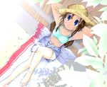  arms_behind_head barefoot blue_eyes brown_hair denim denim_shorts from_above hat iuro long_hair open_fly original shorts solo straw_hat tank_top towel unzipped 