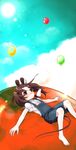  animal_ears balloon barefoot brown_eyes brown_hair copyright_request lying mouse mouse_ears nue_(night_bird) overall_shorts overalls short_hair sky solo suspenders tail twintails 