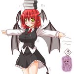  annoyed arayama_reiichi balancing bat_wings book book_on_head breasts covered_nipples demon_tail head_wings impossible_clothes impossible_shirt koakuma large_breasts long_sleeves object_on_head patchouli_knowledge red_hair shirt short_hair solo tail touhou wings yellow_eyes 