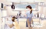  1girl alcohol apron beer bottle brown_eyes brown_hair can copyright_request frying_pan iuro kitchen ladle long_hair microwave ponytail pot refrigerator short_hair sink sleeves_rolled_up snowing translated vest 