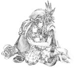  1girl artist_request between_breasts breasts cape dress drill_hair elazul frown greyscale hair_over_one_eye hair_rings hat holding hug lady_pearl legend_of_mana long_hair long_sleeves monochrome sad seiken_densetsu short_sleeves simple_background very_long_hair white_background 