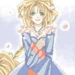  :d artist_request blonde_hair blue_background blue_dress blush braid breasts cleavage collarbone dress fur_trim green_eyes hand_on_own_chest jewelry lady_pearl legend_of_mana long_hair long_sleeves looking_at_viewer lowres necklace open_mouth pendant seiken_densetsu simple_background single_braid small_breasts smile solo upper_body very_long_hair 