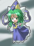  blue_jacket blue_skirt bow chibi green_eyes green_hair hat jacket kukyo long_hair long_sleeves lowres mima scepter simple_background skirt solo touhou touhou_(pc-98) wizard_hat 