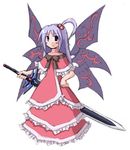  ahoge artist_request black_eyes blush_stickers capelet demon_wings dress frilled_capelet frilled_dress frills full_body hair_bobbles hair_ornament hand_on_hip layered_dress looking_at_viewer lowres multiple_wings oversized_object purple_wings shinki silver_hair simple_background smile solo sword touhou touhou_(pc-98) weapon white_background wings 