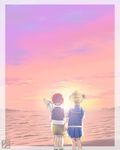  1girl baseball_cap blonde_hair blue_sky brown_hair couple from_behind hat hetero holding_hands iuro ocean orange_sky original outdoors pants pleated_skirt sailor_collar school_uniform scratching_head shore short_hair skirt sky standing sun sunset two_side_up vest water 