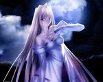  archetype_earth arcueid_brunestud bare_shoulders blonde_hair breasts cleavage cloud dark detached_sleeves dress long_hair medium_breasts night night_sky official_art outdoors red_eyes sideboob sky smile solo standing strapless strapless_dress takeuchi_takashi third-party_edit tsukihime very_long_hair wallpaper watermark 