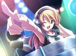  :d armpits blonde_hair dj foreshortening game_cg green_eyes hand_on_ear headphones ichinose_kyou imitation_lover izumi_mahiru jewelry long_hair necklace one_eye_closed open_mouth pointing smile solo speaker spotlight wallpaper 