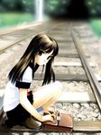  brown_eyes brown_hair long_hair md5_mismatch original railroad_tracks school_uniform sitting skirt solo soshina_nohito 