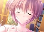  blush book brown_hair canvas_2 closed_eyes desk game_cg incoming_kiss indoors kikyou_kiri leaf nanao_naru short_hair solo 