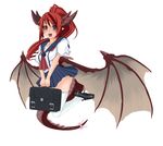  :d artist_request bow copyright_request dragon_girl green_eyes horns monster_girl open_mouth pointy_ears red_hair school_uniform skirt smile solo tail wings 