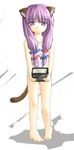  animal_ears barefoot bow cat_ears cat_tail hair_ribbon izana_minagi kemonomimi_mode long_hair low-tied_long_hair lowres no_hat no_headwear one-piece_swimsuit patchouli_knowledge pink_bow purple_eyes purple_hair ribbon school_swimsuit solo swimsuit tail touhou tress_ribbon white_school_swimsuit white_swimsuit 