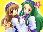  asahina_mikuru breast_press breasts fang green_hair long_hair long_sleeves maid medium_breasts multiple_girls nishimura_takashi suzumiya_haruhi_no_yuuutsu symmetrical_docking tsuruya very_long_hair 