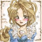  :p artist_request beige_background between_breasts blonde_hair blue_dress blush breasts brown_eyes crystal dress lady_pearl legend_of_mana lowres seiken_densetsu sitting solo tongue tongue_out upper_body 