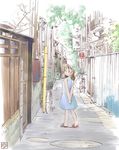  alley arms_behind_back bicycle dress ground_vehicle hairband iuro looking_back original road slippers solo street walking 