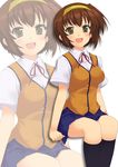  arisaka_kazuki blush brown_eyes brown_hair hairband happy kneehighs mizuki_makoto open_mouth school_uniform short_hair sitting skirt smile socks solo tona-gura! zoom_layer 