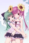  blue_eyes copyright_request fancyfantasia flower green_hair kiira mouth_hold multiple_girls pink_hair red_eyes sunflower twintails yuri 