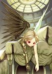  angel_wings asymmetrical_wings bangs bare_arms blonde_hair ceiling closed_mouth couch dome eyelashes indoors kimura_daisuke looking_at_viewer lying mecha_musume mechanical_arm mechanical_leg mechanical_wings on_stomach original outstretched_arms prosthesis red_eyes solo white_wings wings 