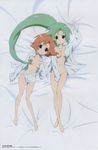  absurdres bed bed_sheet bottomless brown_hair comp_h's convenient_censoring covering covering_breasts covering_crotch dakimakura green_hair hair_censor hair_over_breasts highres higurashi_no_naku_koro_ni long_hair long_sleeves multiple_girls naked_shirt no_panties official_art open_clothes open_shirt ryuuguu_rena sakai_kyuuta scan shirt sonozaki_mion white_shirt 