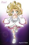  :d artist_request between_breasts blonde_hair breasts character_name copyright_name crystal dress engrish glint green_eyes hair_rings lady_pearl legend_of_mana long_sleeves looking_at_viewer open_mouth pearl ranguage seiken_densetsu shoes smile solo white_dress white_footwear 