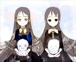  black_dress black_neckwear bone brown_hair buttons copyright_request dress expressionless hair_ornament hairclip holding holding_skull long_hair long_sleeves looking_at_viewer multiple_girls necktie okama skull upper_body very_long_hair 