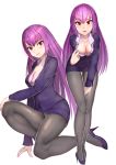  1girl bangs bent_over blush breasts cleavage dress_shirt fate/grand_order fate_(series) formal hair_between_eyes high_heels highres large_breasts long_hair looking_at_viewer multiple_views office_lady one_knee pantyhose pulled_by_self purple_hair red_eyes scathach_(fate)_(all) scathach_skadi_(fate/grand_order) shirt sikijou77o simple_background skirt skirt_suit smile solo suit white_background 