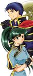  1girl armor artist_request axe blue_eyes blue_hair china_dress chinese_clothes crossed_arms dress earrings fingerless_gloves fire_emblem fire_emblem:_rekka_no_ken gloves green_eyes green_hair hector_(fire_emblem) high_ponytail jewelry long_hair lyndis_(fire_emblem) ponytail short_sleeves simple_background smile weapon 