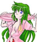  alternate_hairstyle blue_eyes breasts cleavage green_hair kazami_yuuka kazami_yuuka_(pc-98) kisaragi_ryou_(sougetsu-tei) long_hair lowres medium_breasts no_bra oekaki open_clothes open_shirt shirt smile solo touhou touhou_(pc-98) 