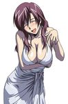  blush breast_hold breasts cleavage closed_eyes dress happy horibe_hiderou interlude large_breasts leaning_forward long_hair lowres marufuji_izumi open_mouth purple_hair smile solo white_dress 