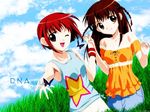  artist_request bare_shoulders braid brown_eyes brown_hair bug butterfly cloud day dnangel harada_riku harada_risa holding_hands insect long_hair multiple_girls one_eye_closed open_mouth red_eyes red_hair short_hair siblings sisters sky sleeveless tank_top twins wallpaper 